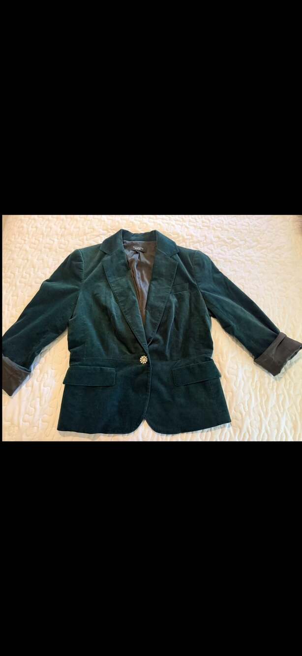 Talbots Velvet Blazer Size 8 Green Rhinestone Button